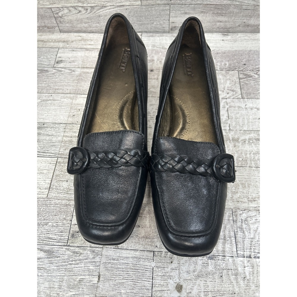 Born Blanche Buckle Strap Black Leather Kitten Heel Slip On Loafers Women Sz 10 - Picture 8 of 12